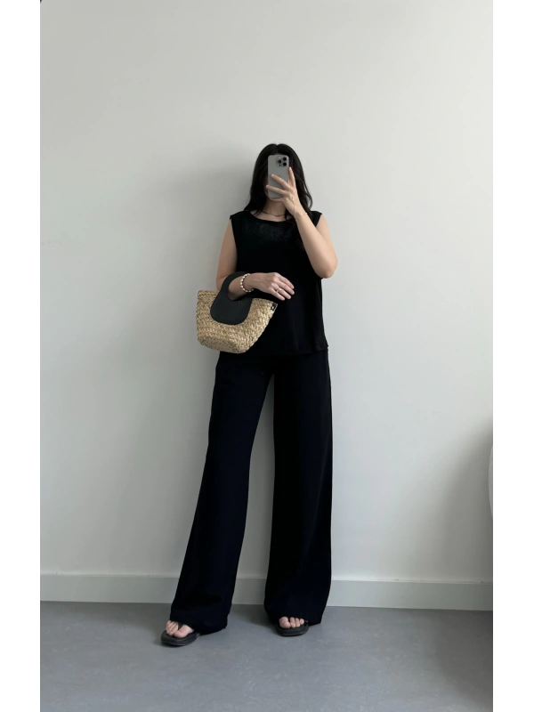 Darel siyah yandan bağlamalı keten bluz takım