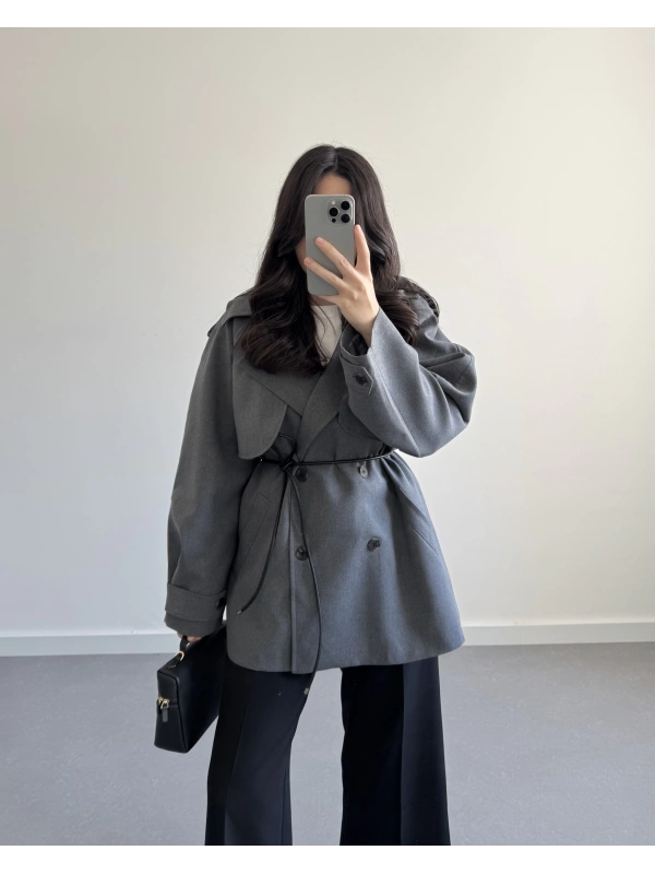 DERİ İP KEMERLİ PAMUKLU TRENÇKOT ANTRASİT