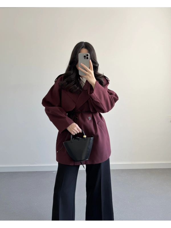 DERİ İP KEMERLİ PAMUKLU TRENÇKOT BORDO