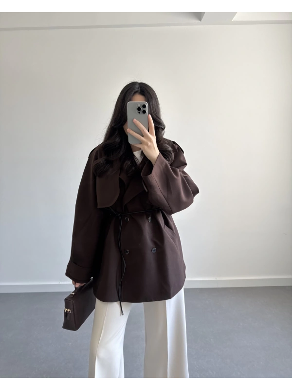 DERİ İP KEMERLİ PAMUKLU TRENÇKOT KAHVE