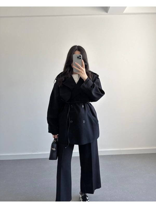 DERİ İP KEMERLİ PAMUKLU TRENÇKOT SİYAH