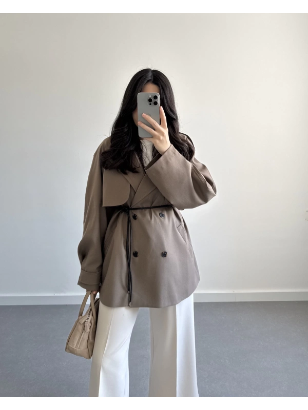 DERİ İP KEMERLİ PAMUKLU TRENÇKOT VİZON