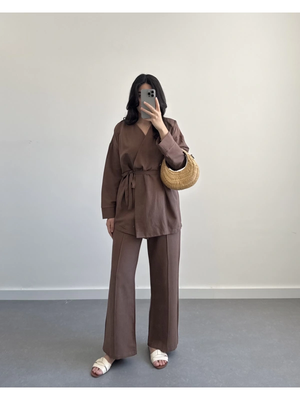 DEX KUŞAKLO KİMONO TAKIM KAHVE