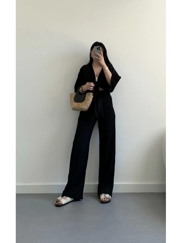 Dolly siyah crop kimono takım