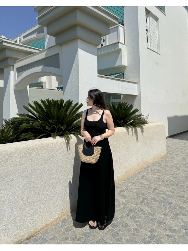 Doly siyah keten uzun elbise