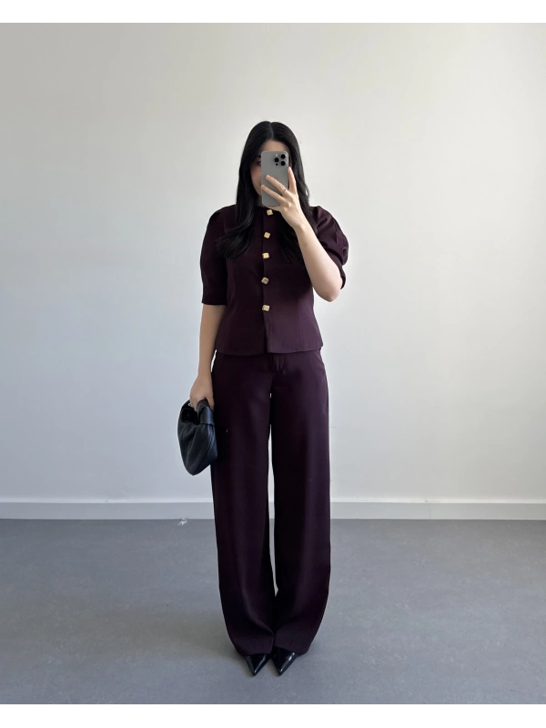 DÜĞME DETAYLI YELEK TAKIM BORDO