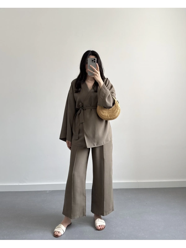 DURL KAHVE KUŞAKLI KİMONO TAKIM