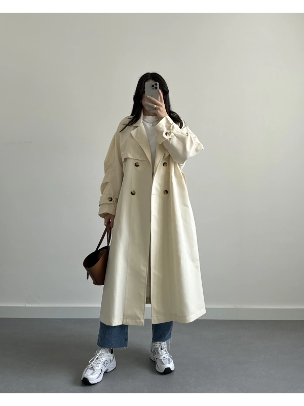 EKRU ASTARSIZ UZUN TRENÇKOT