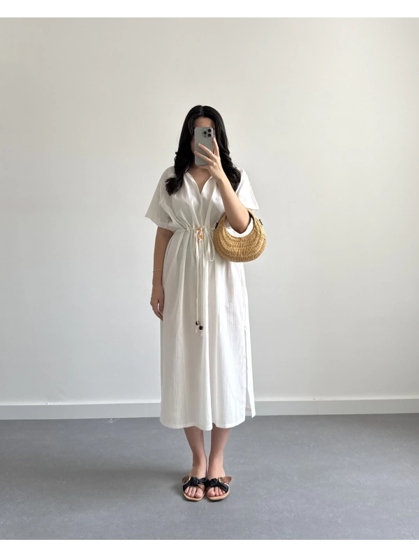 EKRU BELİ KUŞAKLI V YAKA ELBİSE