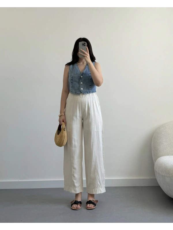 Ekru beli lastikli keten pantolon