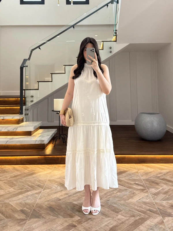 EKRU GÜPÜR DETAY KAT KAT ELBİSE-9614