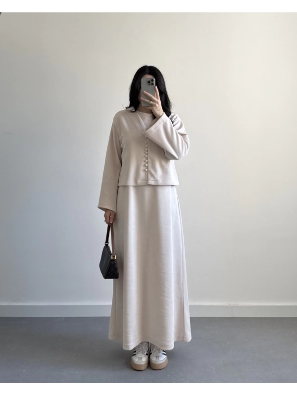 EKRU HIRKALI PREMİUM TASARIM ELBİSE