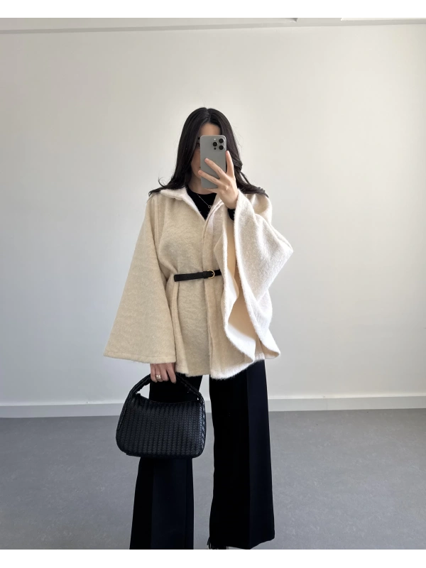 EKRU KEMERLİ KAŞE PANÇO