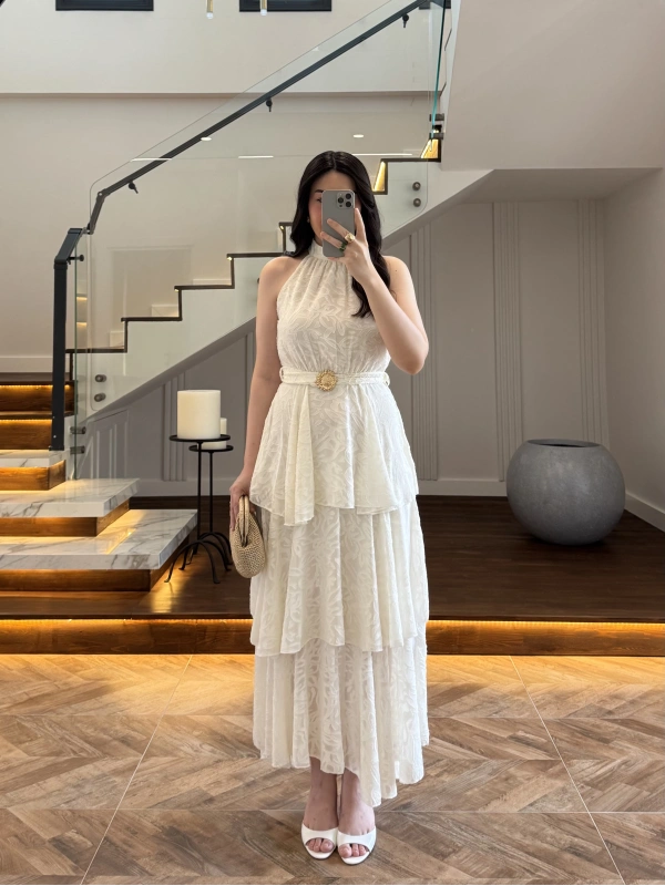 EKRU KEMERLİ KAT KAT ELBİSE -4098