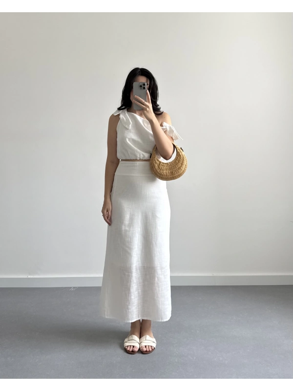 EKRU KETEN ASİMETRİK BLUZLU ETEK TAKIM