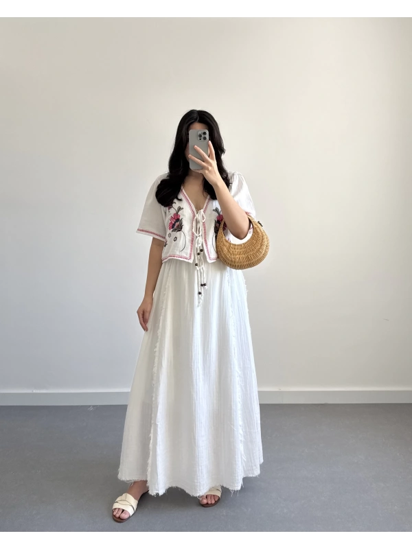 EKRU NAKIŞLI MÜSLİN ETEK TAKIM