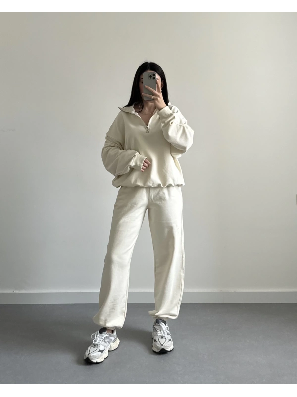 EKRU OVERSİZE FERMUARLI EŞOFMAN TAKIMI