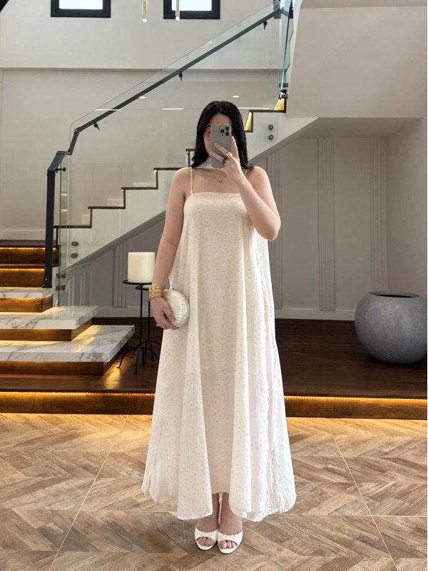 EKRU TAŞLI FULARLI ELBİSE -3458