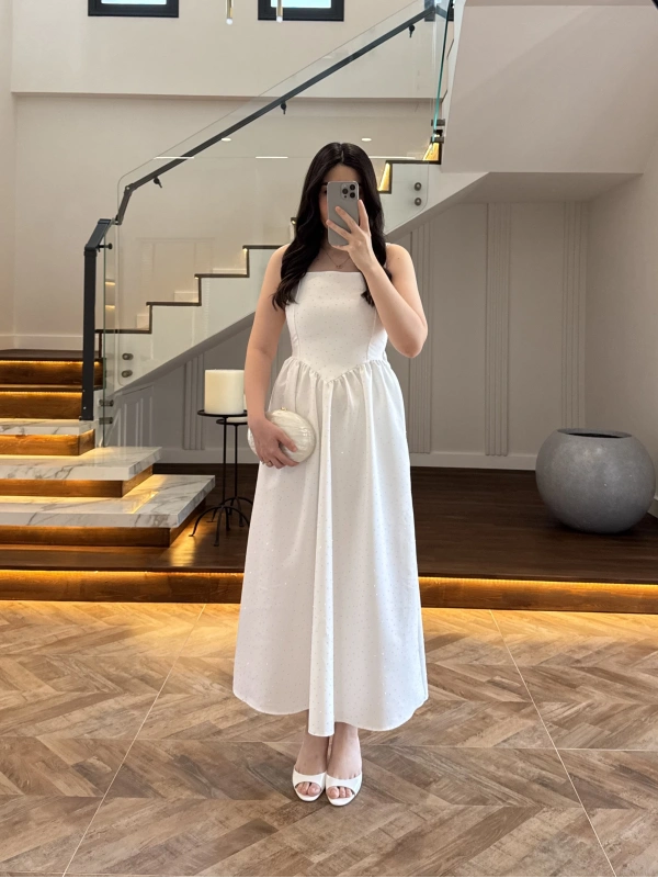 EKRU TAŞLI KUŞAKLI ELBİSE -3970