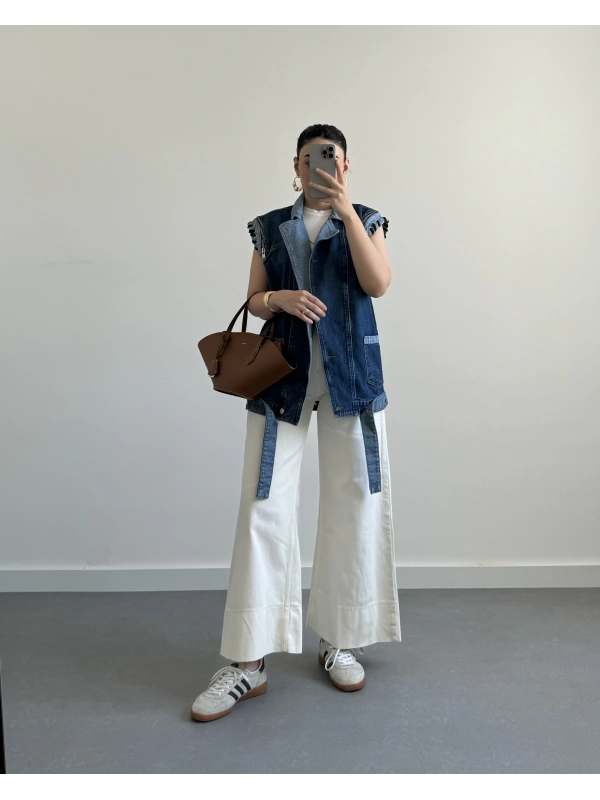 Ekru Yumuşak Dokulu Kemerli Pantolon