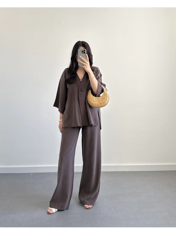 ELESSİ KAHVERENGİ ÖNÜ DÜĞMELİ KİMONO TAKIM