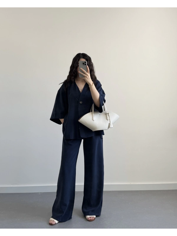 ELESSİ LACİVERT ÖNÜ DÜĞMELİ KİMONO TAKIM