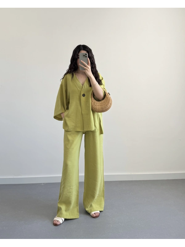 ELESSİ LİMON KÜFÜ RENK ÖNÜ DÜĞMELİ KİMONO TAKIM