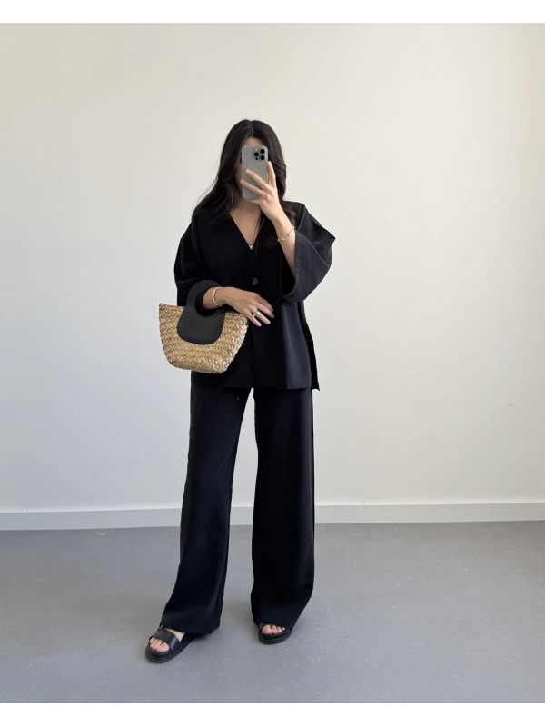 ELESSİ SİYAH ÖNÜ DÜĞMELİ KİMONO TAKIM