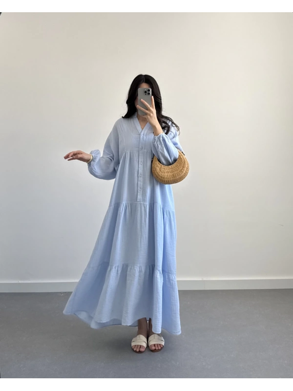 ELETA BEBE MAVİ MÜSLİN UZUN ELBİSE