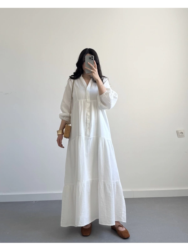 ELETA BEYAZ MÜSLİN UZUN ELBİSE