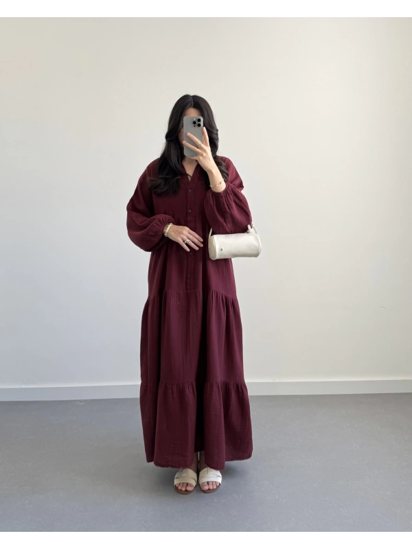 ELETA BORDO MÜSLİN UZUN ELBİSE