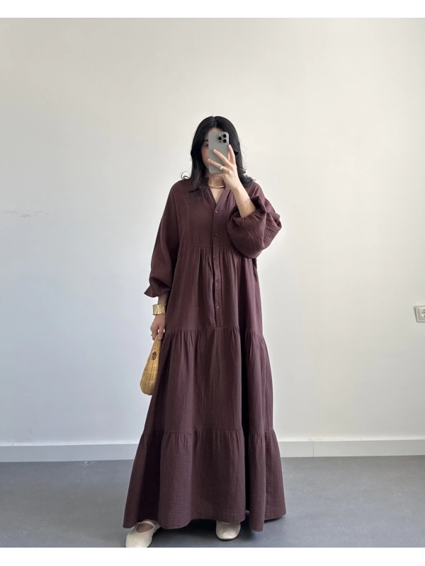 ELETA KAHVE MÜSLİN UZUN ELBİSE