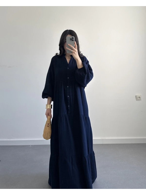 ELETA LACİVERT MÜSLİN UZUN ELBİSE