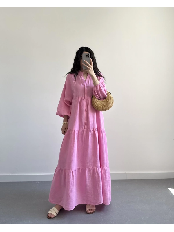 ELETA PEMBE MÜSLİN UZUN ELBİSE