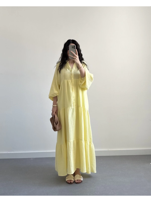 ELETA SARI MÜSLİN UZUN ELBİSE
