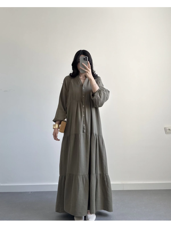 ELETA HAKİ MÜSLİN UZUN ELBİSE