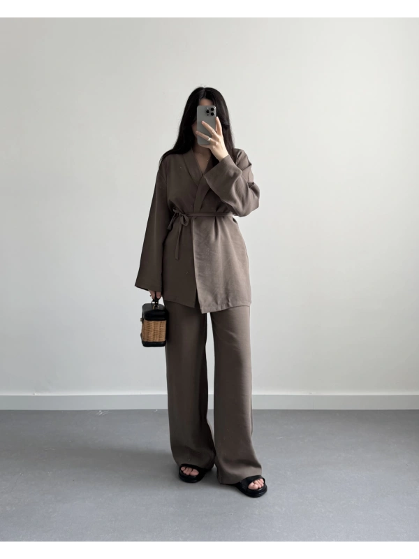 FRİDA KİMONO CEKET TAKIM KAHVE