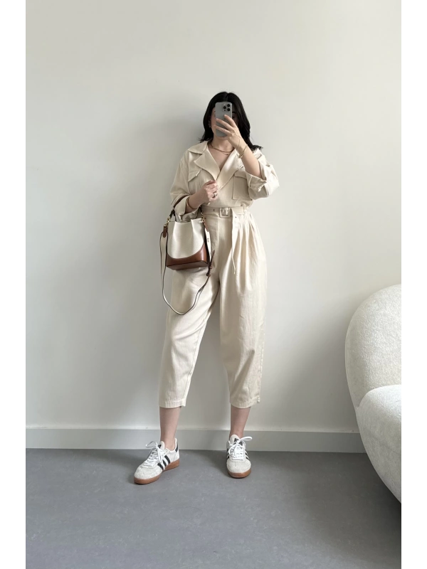 Gabardin kemerli tulum