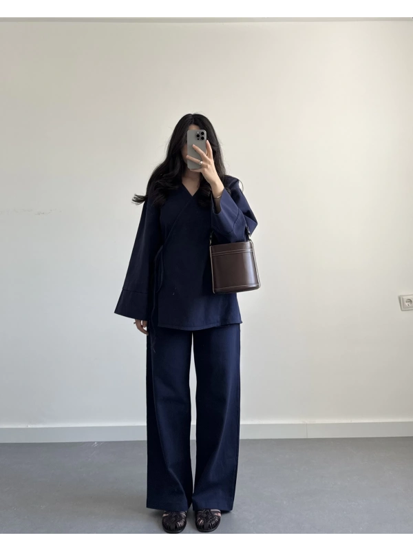 GABARDİN KİMONO İKİLİ TAKIM LACİVERT