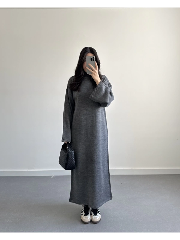 GRİ BALIKÇI YAKA TRİKO ELBİSE