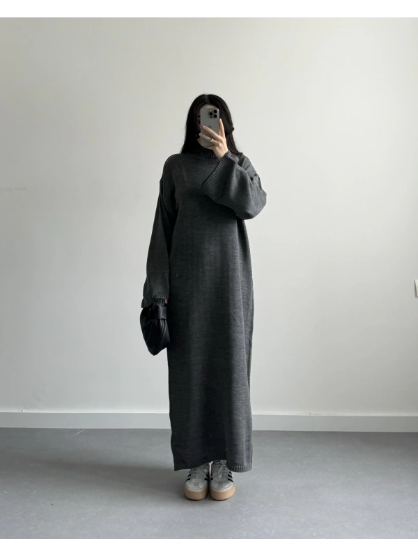 GRİ BALIKÇI YAKA TRİKO ELBİSE