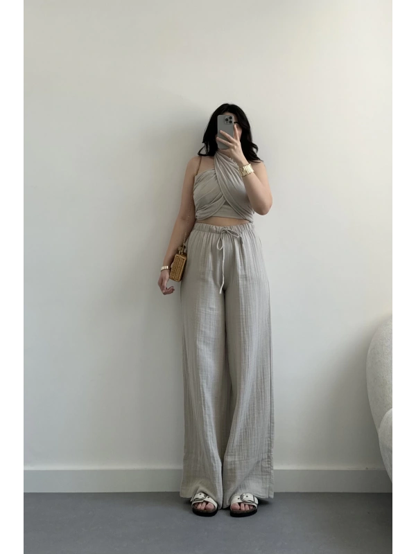 Gri taş boyundan bağlamalı Müslin takım