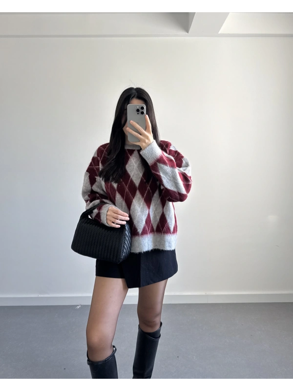 GRİ-BORDO BAKLAVA KAZAK