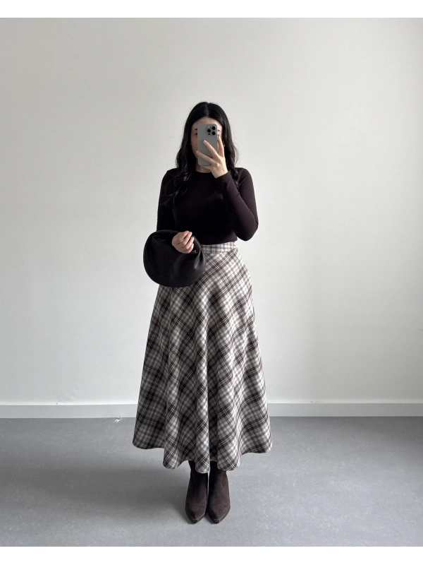 GRİ- KAHVE EKOSE CEPLİ ETEK