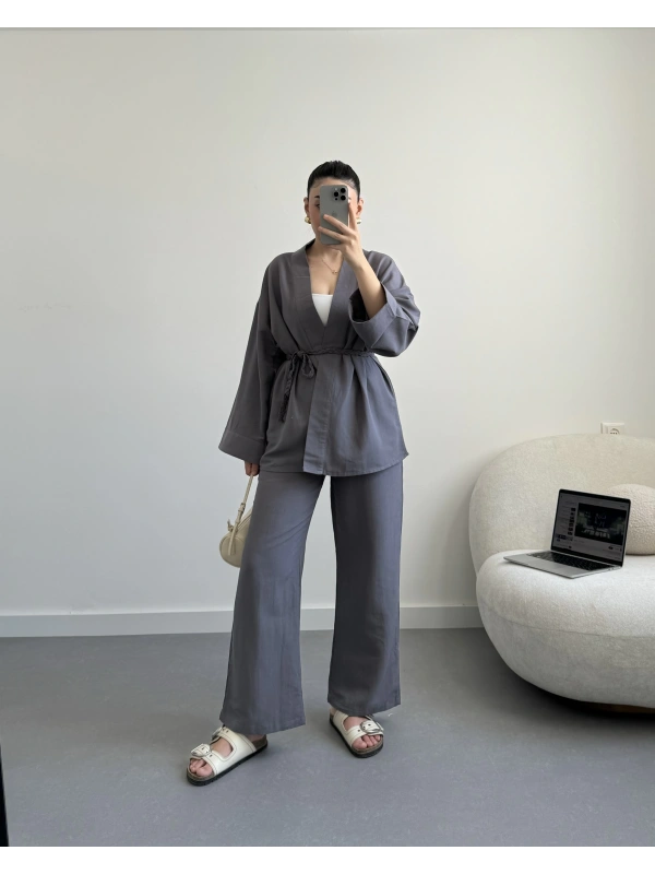 Gri Örgü Kemerli Keten Takım