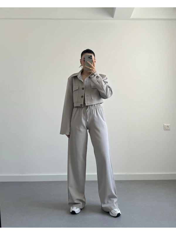 GRİ VATKALI CROP CEKET TAKIM