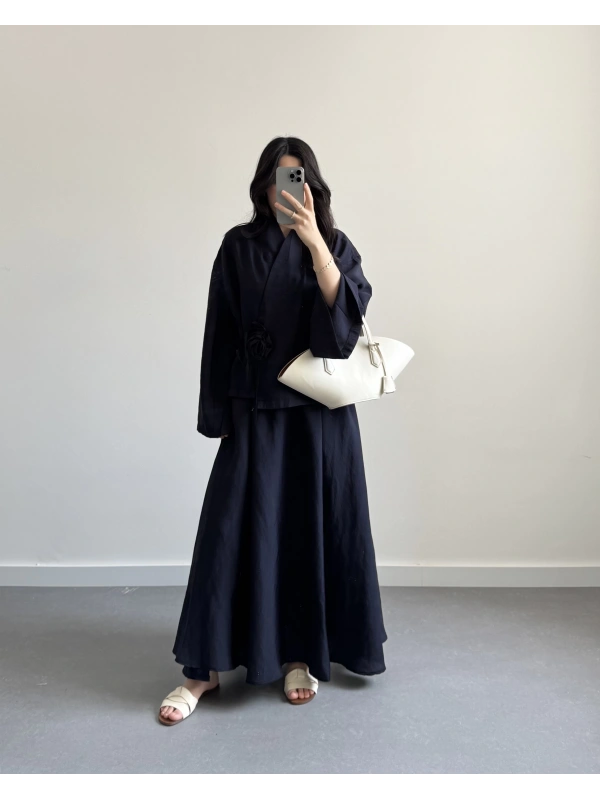 GÜL DETAYLI MODAL ETEK TAKIM LACİVERT