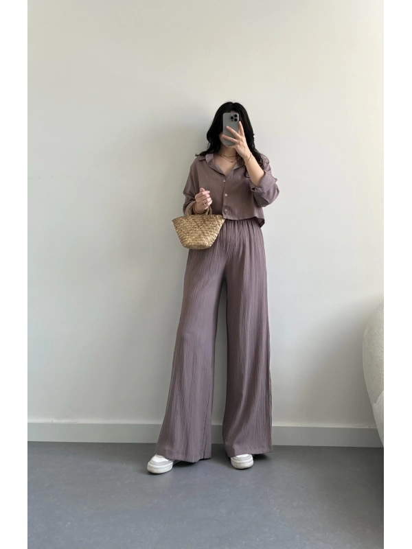 Gül kurusu crop gömlek takım