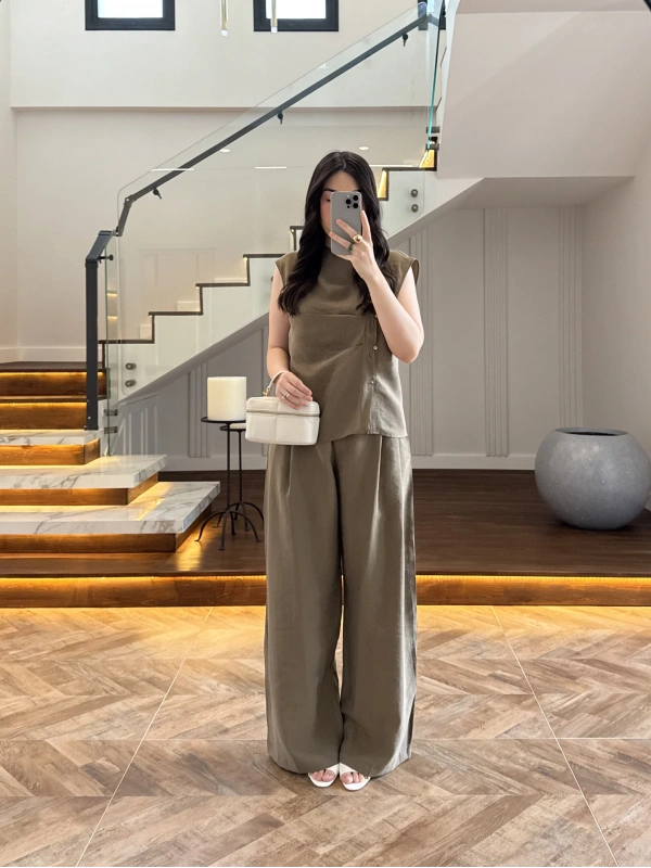 HAKİ ASİMETRİK DÜĞMELİ TENSEL TAKIM-26Y277