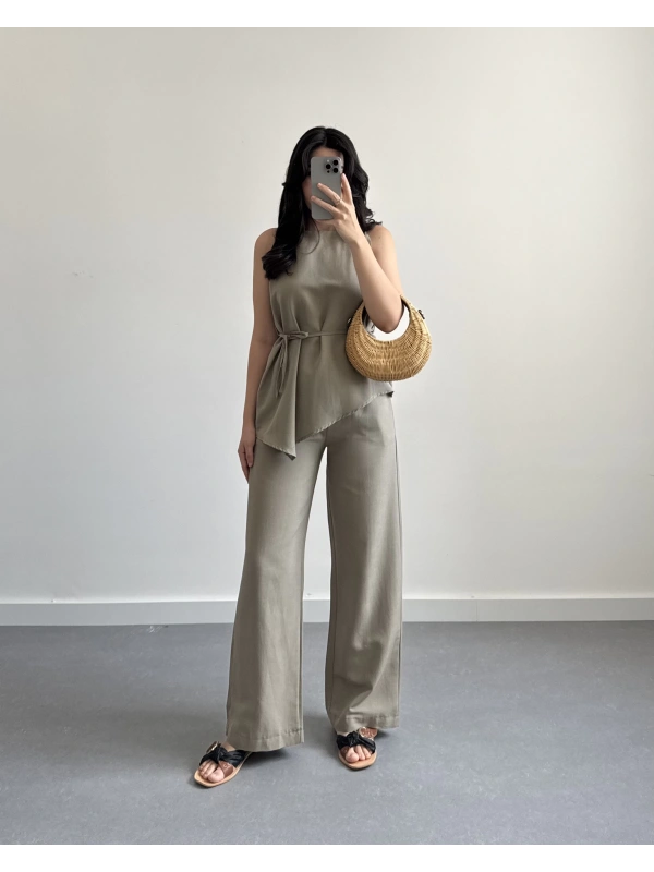 HAKİ ASİMETRİK KUŞAKLI BLUZ PANTOLON TAKIM